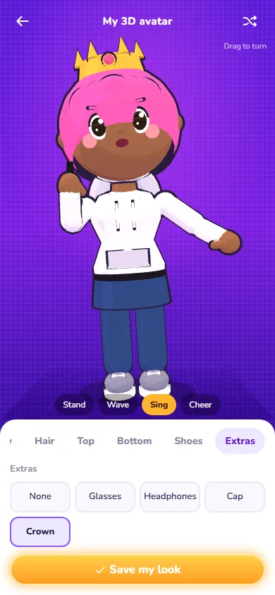 A 3D avatar singing with a crown